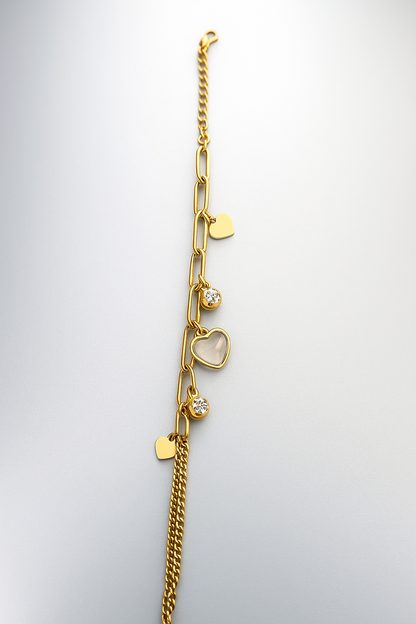 Gold Heart Charm Bracelet – Dual Chain Link Design with Crystal Accents LB10071