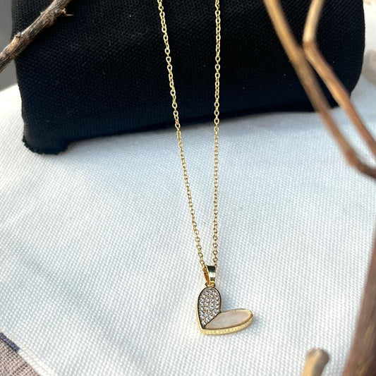 Gold Heart Pendant Necklace Gold Vermeil with Mother of Pearl & CZ Crystals  Romantic Jewelry LN10122