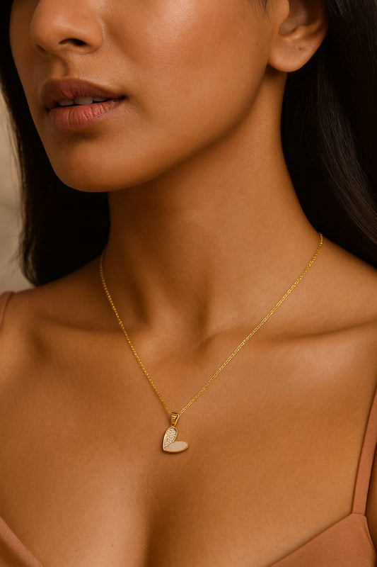 Gold Heart Pendant Necklace Gold Vermeil with Mother of Pearl & CZ Crystals  Romantic Jewelry LN10122