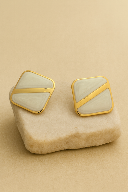 Gold Ivory Enamel Square Stud Earrings LE10229