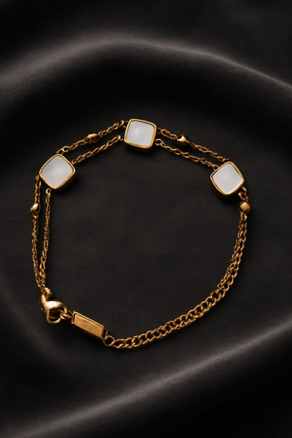 Gold Mother of Pearl Bracelet – Double Chain Minimalist Jewelry LB10080