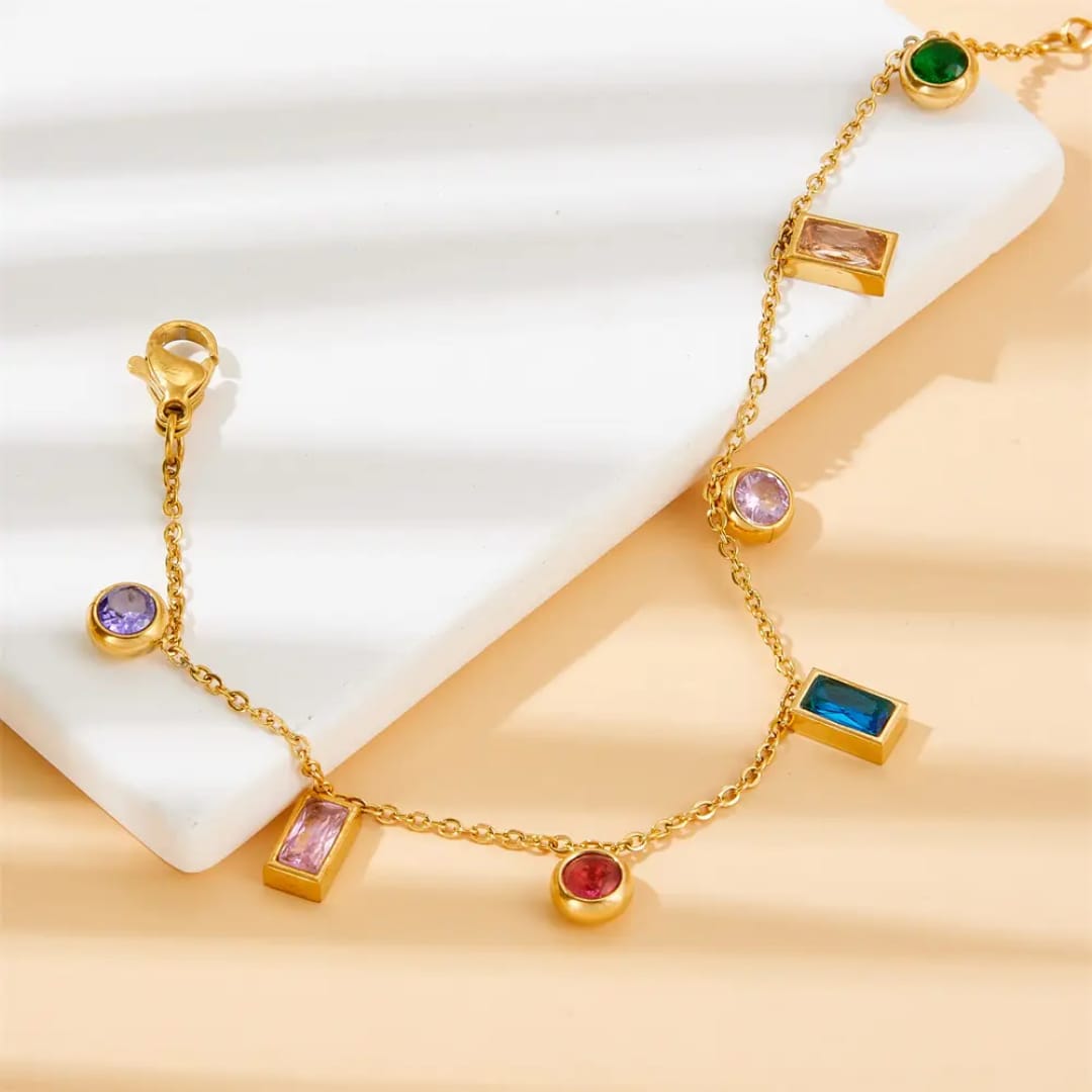 Gold Multicolor Gemstone Charm Bracelet LB10111