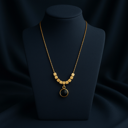 Gold Onyx Round Pendant Cube Bead Chain Necklace LN10203