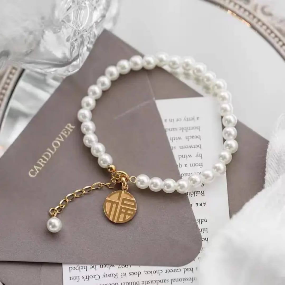 Gold Pearl Beaded Bracelet with Coin Charm – Elegant Adjustable LB10104