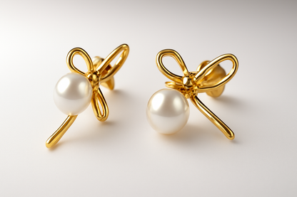 Gold Pearl Bow Stud Earrings LE10172