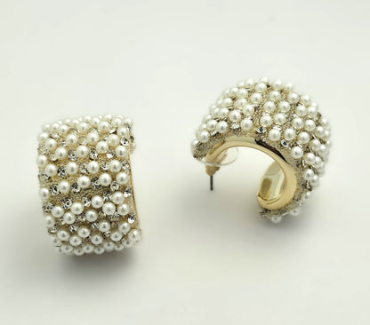 Gold Pearl Crystal Pavé Chunky Huggie Earrings LE10240