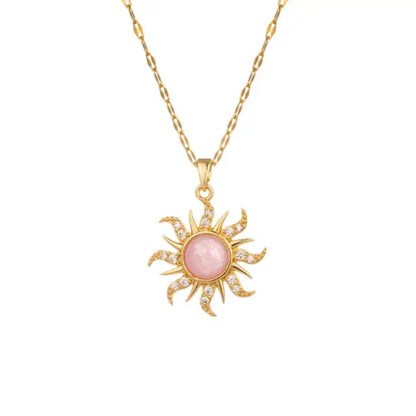 Gold Pink Sunburst Pendant Necklace LN10183