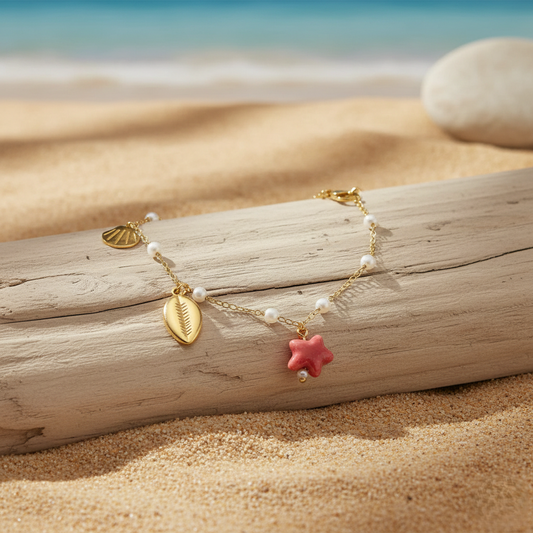 Gold Plated Cowrie Shell & Pearl Anklet with Red Star Charm – Coastal Boho Jewellery LA10113