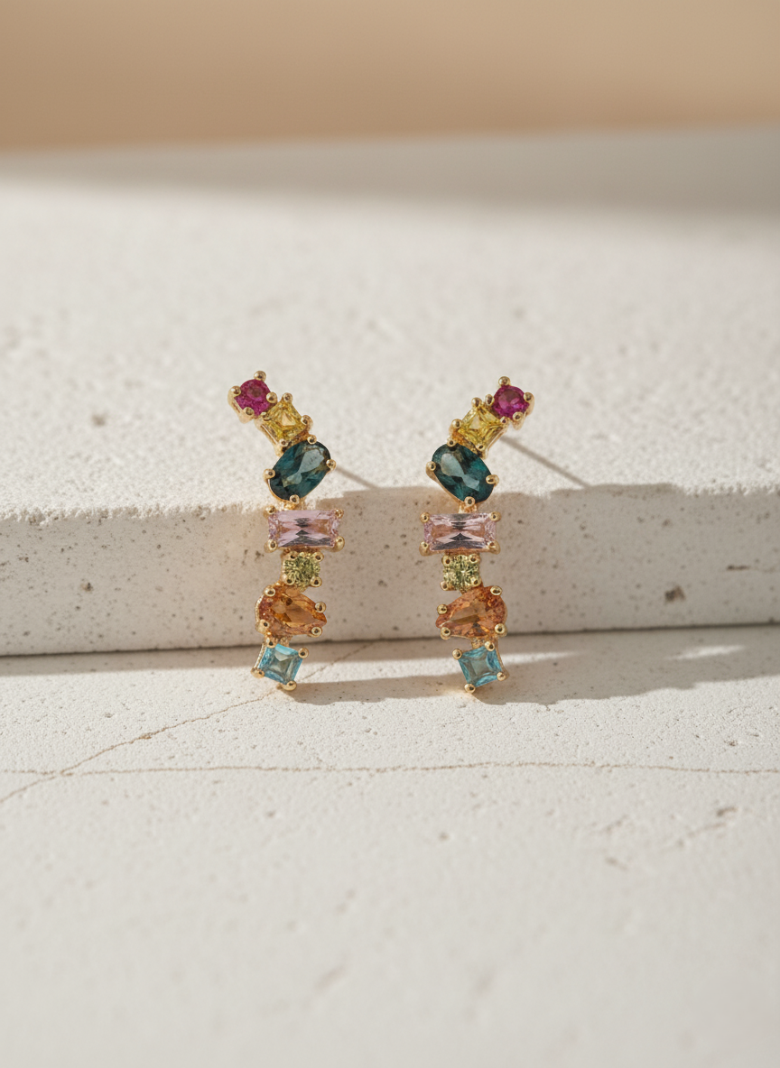 Gold Plated Multi-Stone Dangle Studs | Stacked Geometric Fine Jewellery LE10355