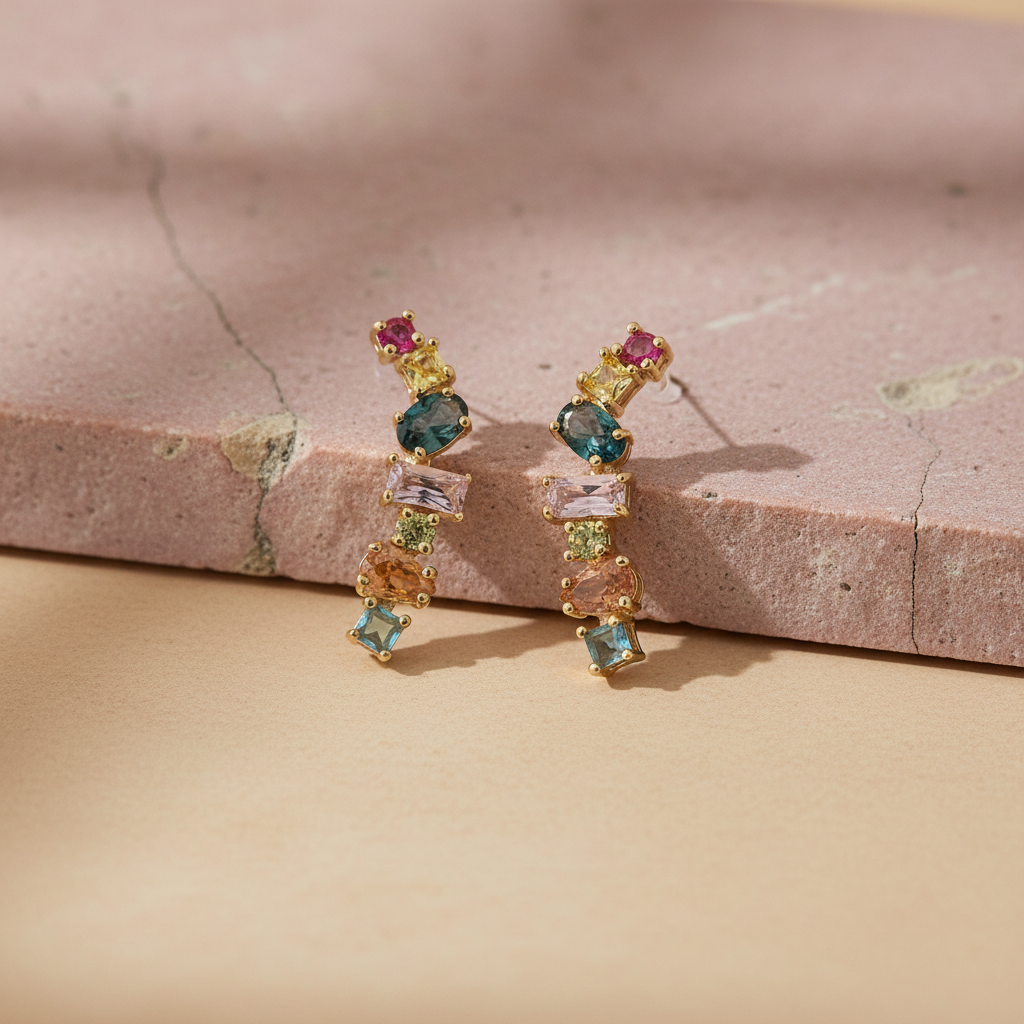 Gold Plated Multi-Stone Dangle Studs | Stacked Geometric Fine Jewellery LE10355