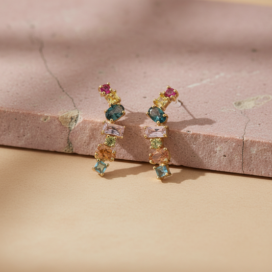 Gold Plated Multi-Stone Dangle Studs | Stacked Geometric Fine Jewellery LE10355