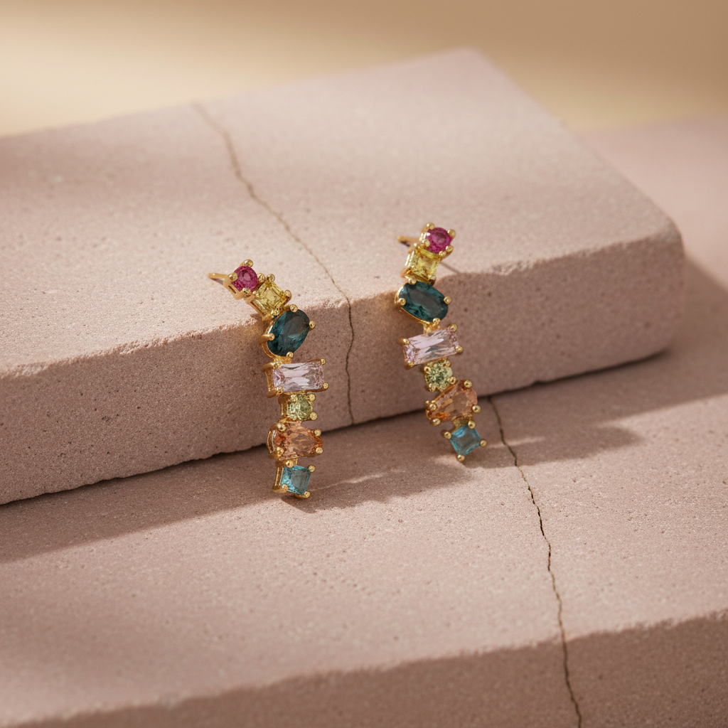 Gold Plated Multi-Stone Dangle Studs | Stacked Geometric Fine Jewellery LE10355