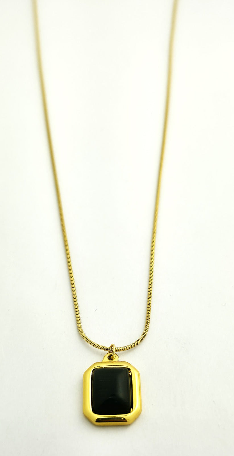 Gold Rectangle Onyx Pendant Snake Chain Necklace LN10226
