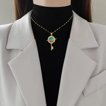 Gold Saturn Planet & Key Pendant Necklace LN10176