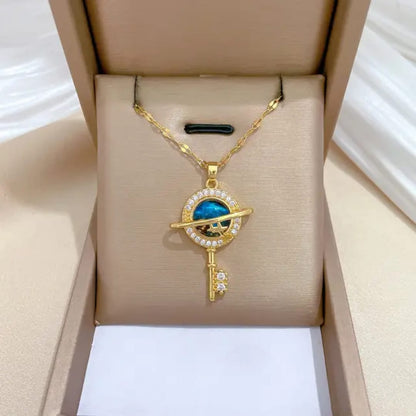 Gold Saturn Planet & Key Pendant Necklace LN10176
