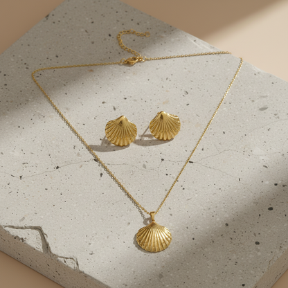 Gold Seashell Jewellery Set | Matching Necklace and Stud Earrings Set LN10331