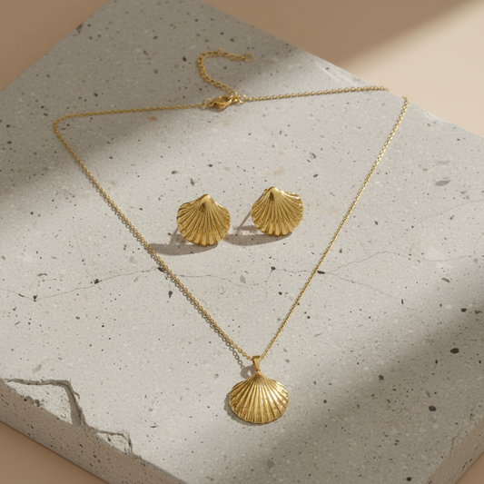 Gold Seashell Jewellery Set | Matching Necklace and Stud Earrings Set LN10331