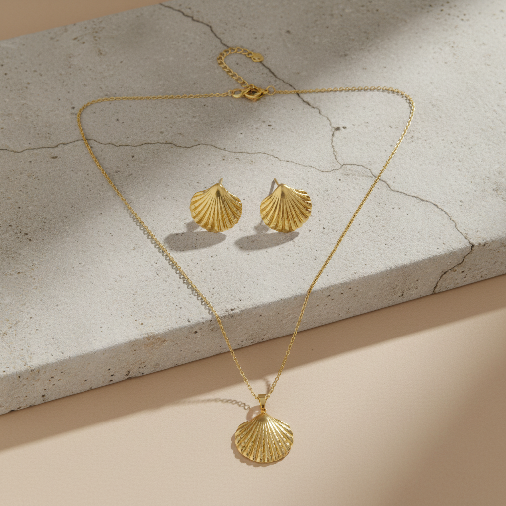 Gold Seashell Jewellery Set | Matching Necklace and Stud Earrings Set LN10331