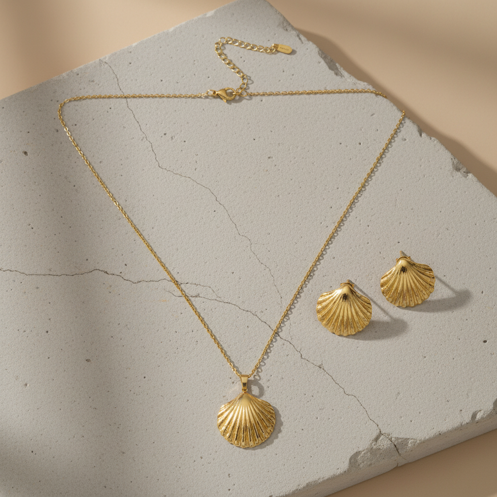 Gold Seashell Jewellery Set | Matching Necklace and Stud Earrings Set LN10331