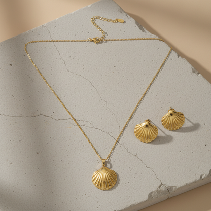 Gold Seashell Jewellery Set | Matching Necklace and Stud Earrings Set LN10331