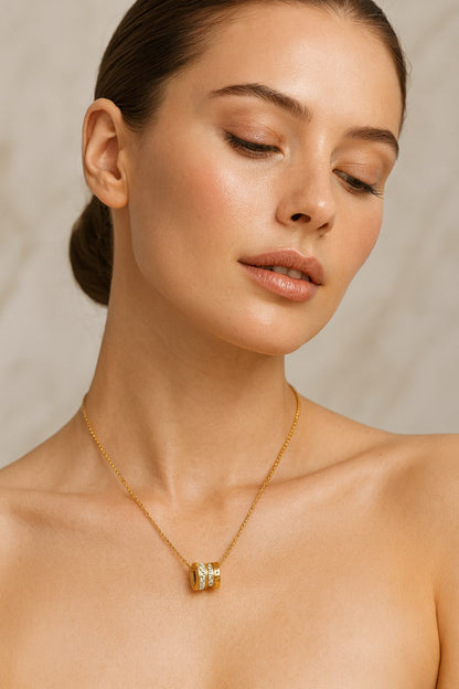 Gold Trio Ring Pendant Necklace with CZ Stones – Modern Gold Vermeil Jewelry LN10132