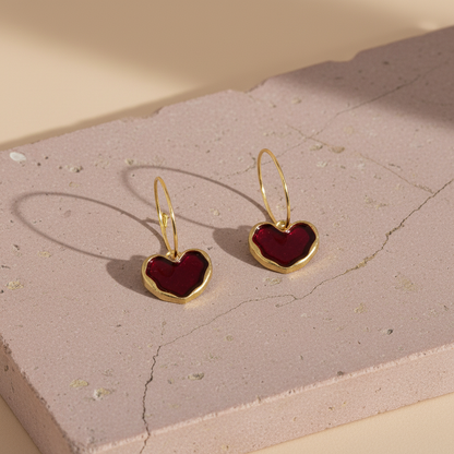 Gold Vermeil & Deep Red Enamel Heart Hoop Earrings | Minimalist Dangle LE10354