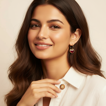 Gold Vermeil & Deep Red Enamel Heart Hoop Earrings | Minimalist Dangle LE10354