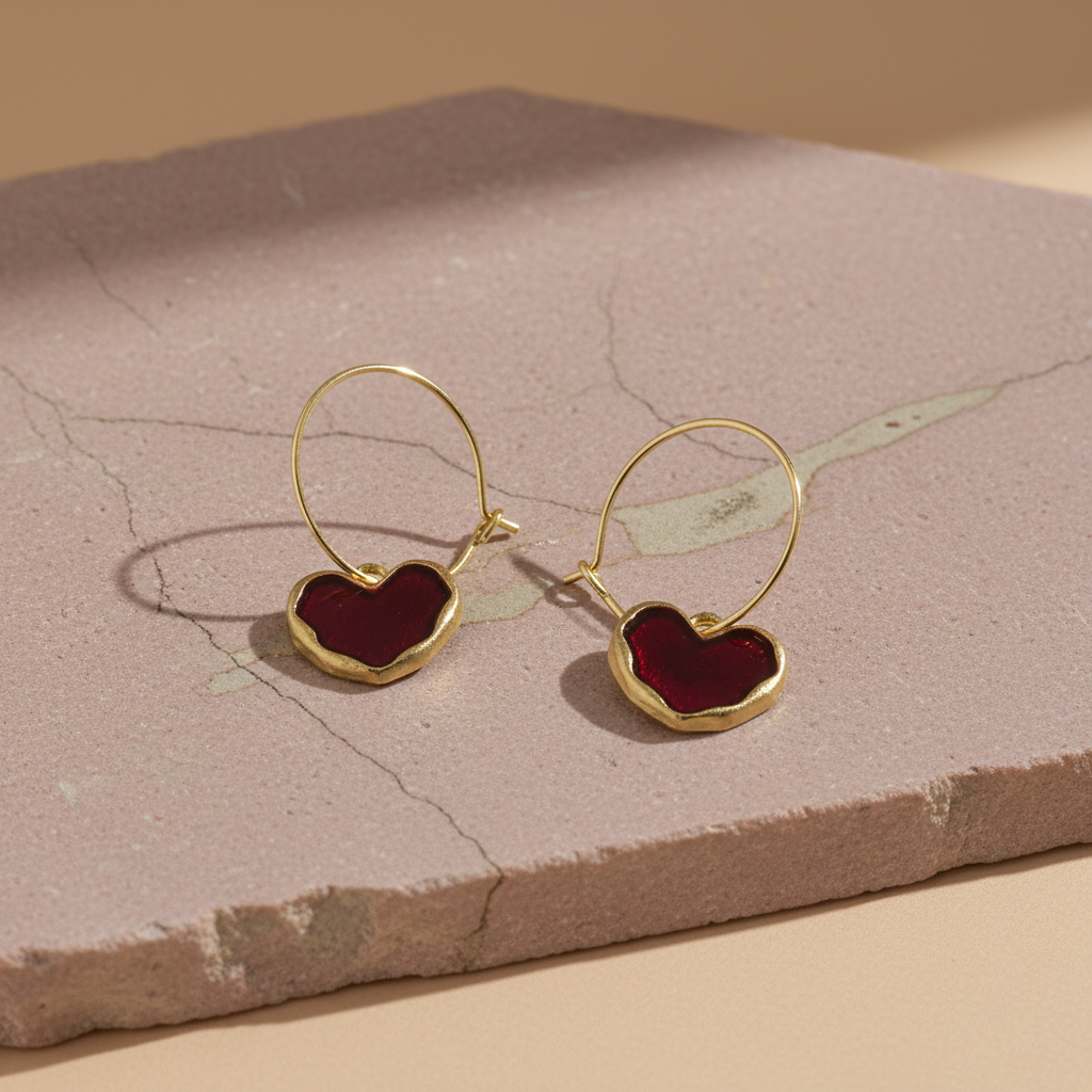 Gold Vermeil & Deep Red Enamel Heart Hoop Earrings | Minimalist Dangle LE10354