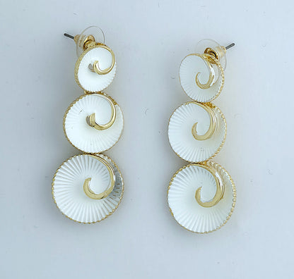 Gold White Enamel Spiral Disc Drop Earrings LE10245