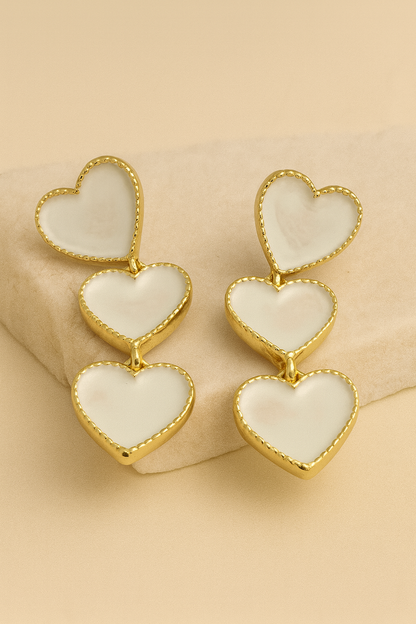 Gold White Enamel Triple Heart Drop Earrings LE10248