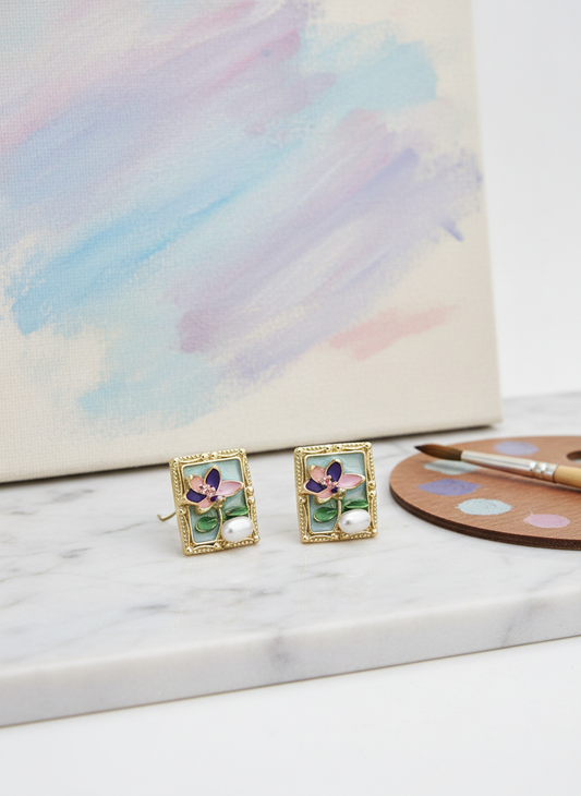 Green Enamel Floral Gold Stud Earrings with Pearl – Artistic Handcrafted Jewelry for Women LE10277