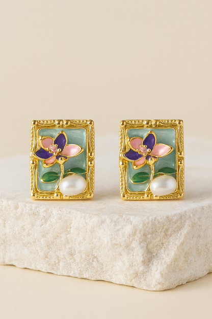 Green Enamel Floral Gold Stud Earrings with Pearl – Artistic Handcrafted Jewelry for Women LE10277