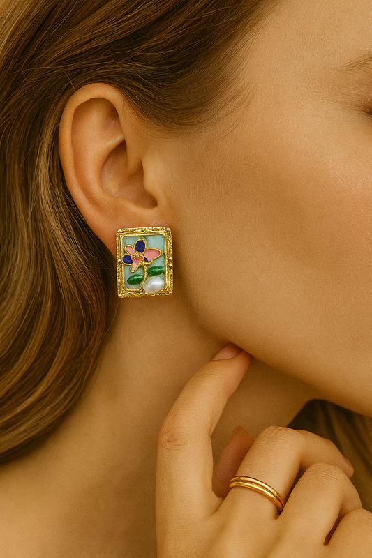 Green Enamel Floral Gold Stud Earrings with Pearl – Artistic Handcrafted Jewelry for Women LE10277