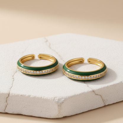 Green Enamel & Gold Adjustable Ring with Diamond Band LR10203