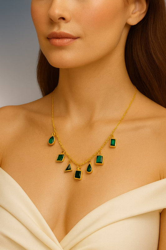 Green Gemstone Charm Necklace Gold Vermeil with Emerald Crystal Drops  Statement Jewelry LN10120