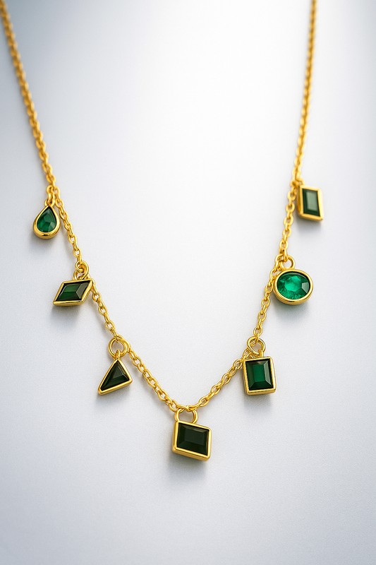 Green Gemstone Charm Necklace Gold Vermeil with Emerald Crystal Drops  Statement Jewelry LN10120