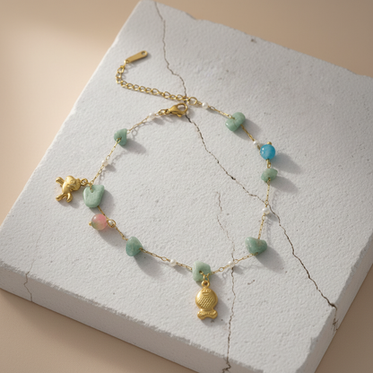 Handcrafted Gemstone Anklet with Gold Plated Turtle & Starfish Charms – Ocean Inspired Boho Jewelry LA10110