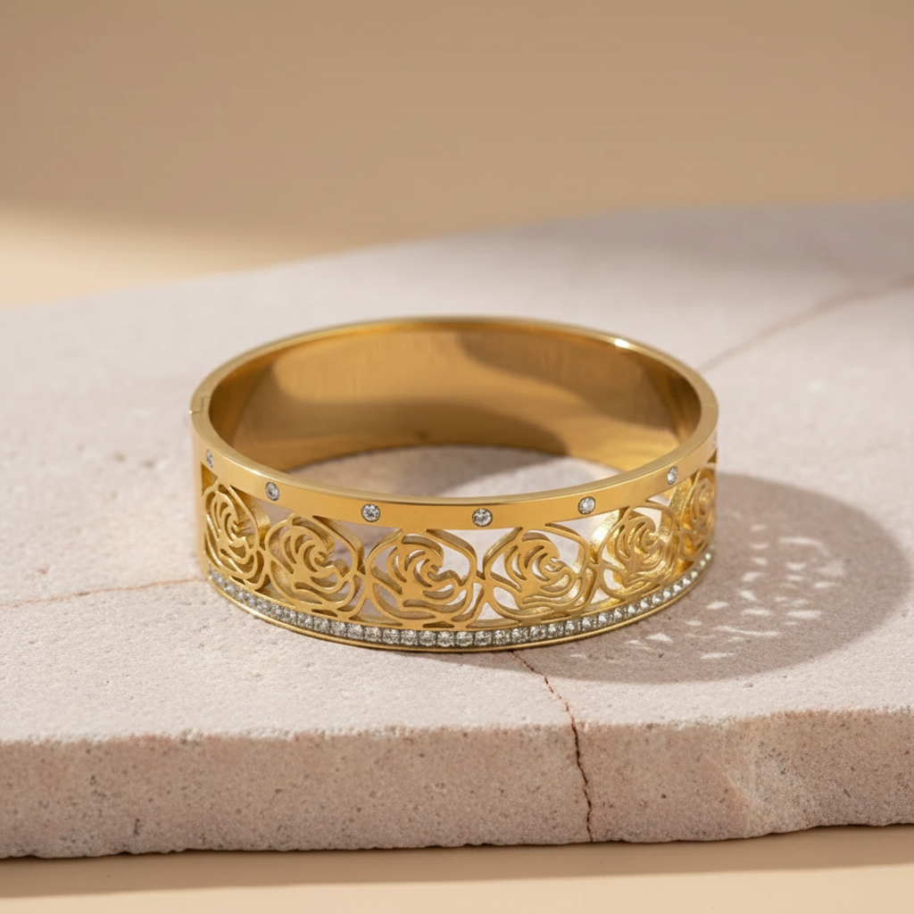Rose Gold Cutout Bangle with Crystal Detailing – Elegant Floral Bracelet LB10192