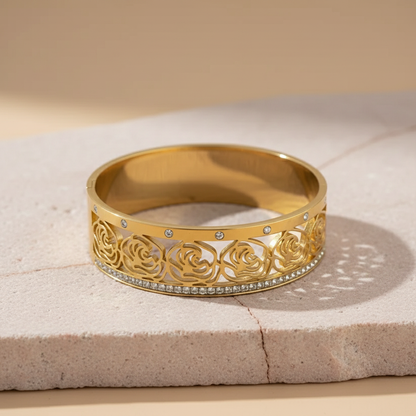 Rose Gold Cutout Bangle with Crystal Detailing – Elegant Floral Bracelet LB10192