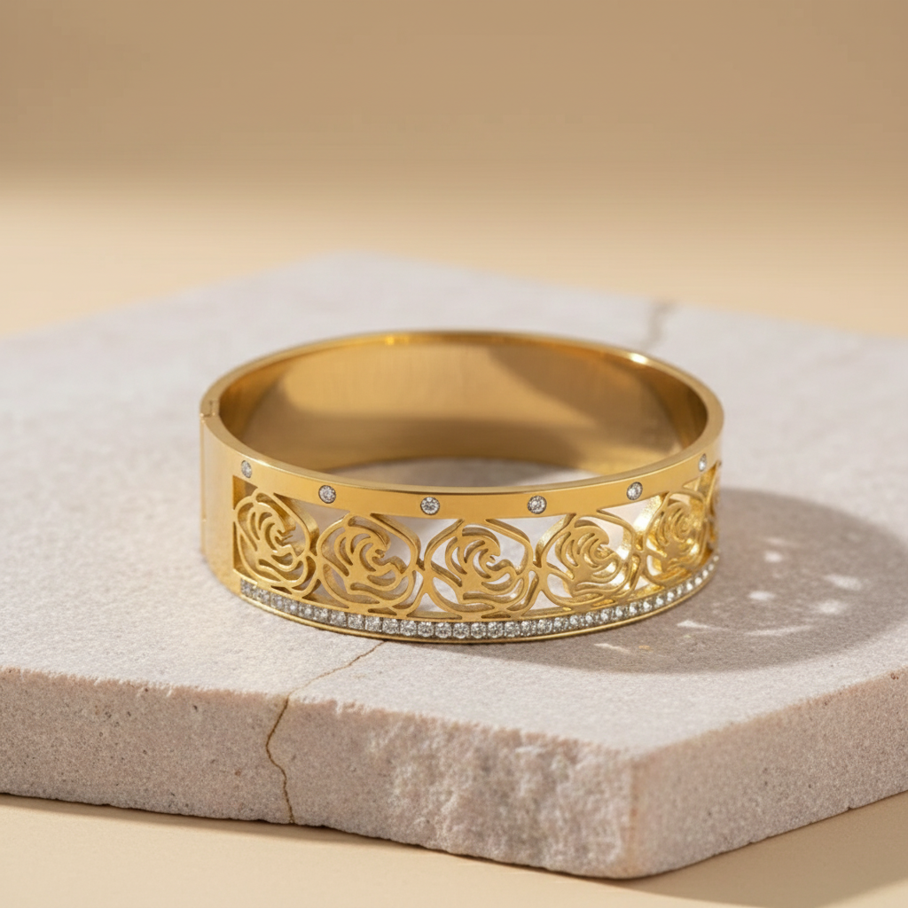 Rose Gold Cutout Bangle with Crystal Detailing – Elegant Floral Bracelet LB10192