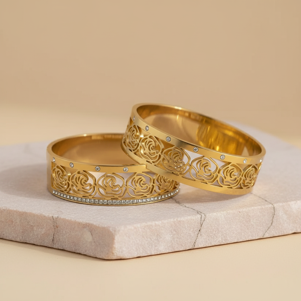 Rose Gold Cutout Bangle with Crystal Detailing – Elegant Floral Bracelet LB10192