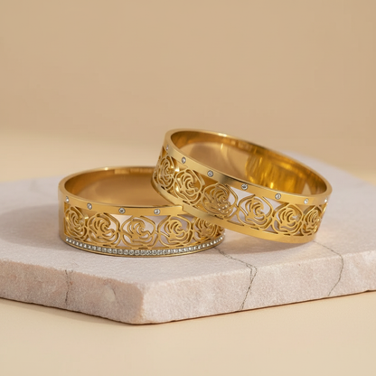 Rose Gold Cutout Bangle with Crystal Detailing – Elegant Floral Bracelet LB10192