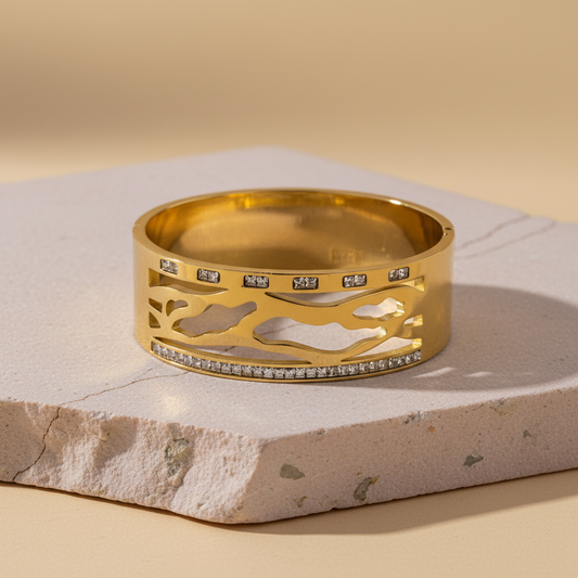 Abstract Gold Cutout Bangle with Crystal Accents – Artistic Statement Bracelet LB10193