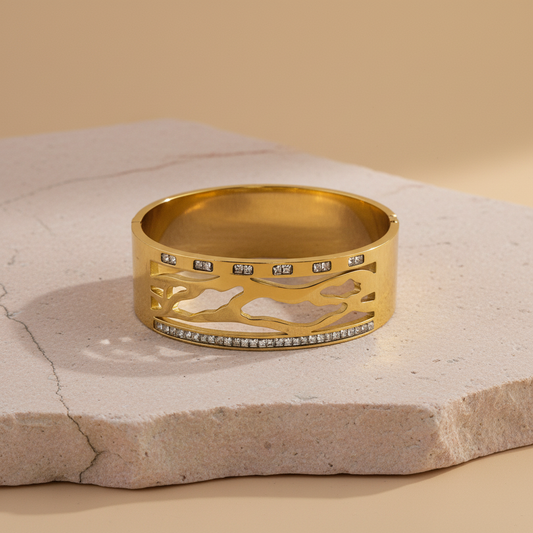 Abstract Gold Cutout Bangle with Crystal Accents – Artistic Statement Bracelet LB10193