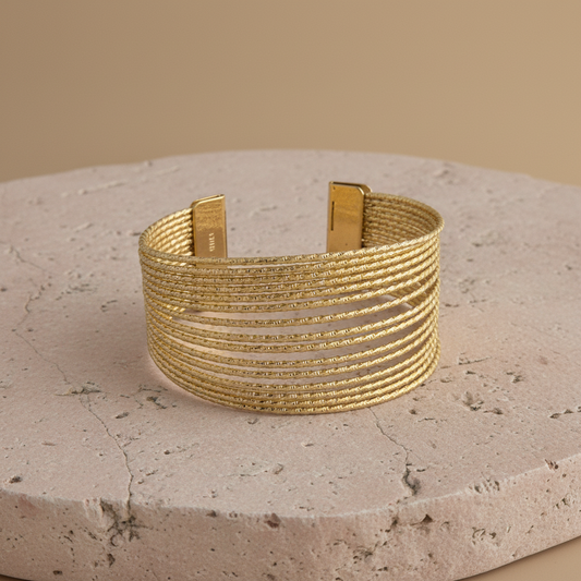 Textured Gold Wire Cuff Bracelet – Modern Multi-Strand Open Bangle LB10197