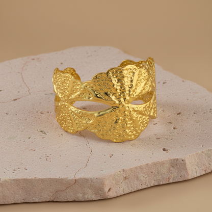 Gold Leaf-Pattern Cuff Bracelet – Artistic Textured Open Bangle LB10199