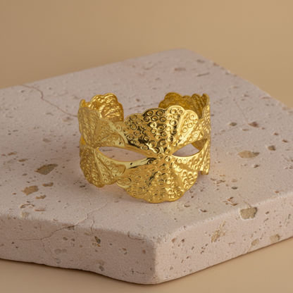 Gold Leaf-Pattern Cuff Bracelet – Artistic Textured Open Bangle LB10199