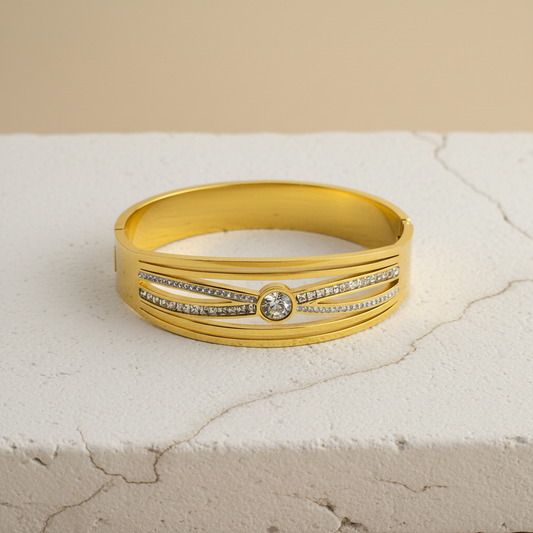 Gold Bangle with Central Crystal – Elegant Dual Line Stone-Studded Bracelet LB10200
