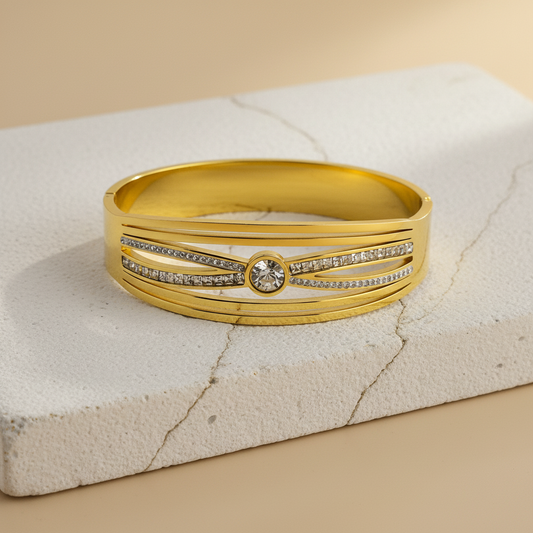 Gold Bangle with Central Crystal – Elegant Dual Line Stone-Studded Bracelet LB10200
