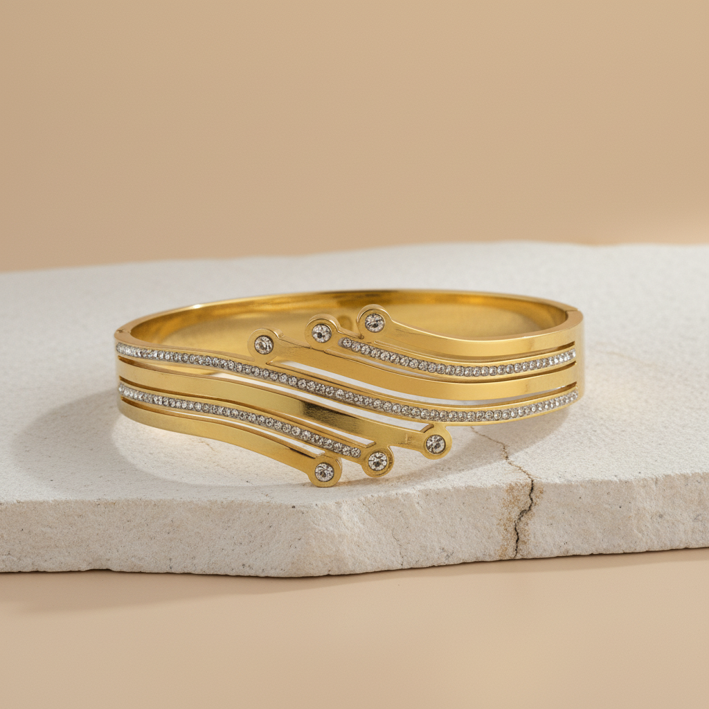 Gold Triple-Layer Diamond Bangle – Modern Curved Design Bracelet LB10201